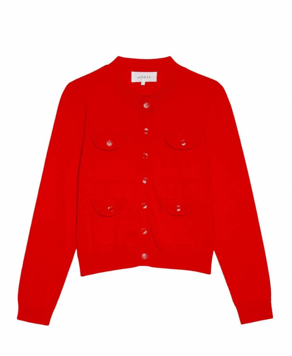 NEW THE GREAT. patch pocket long sleeve cardigan in red